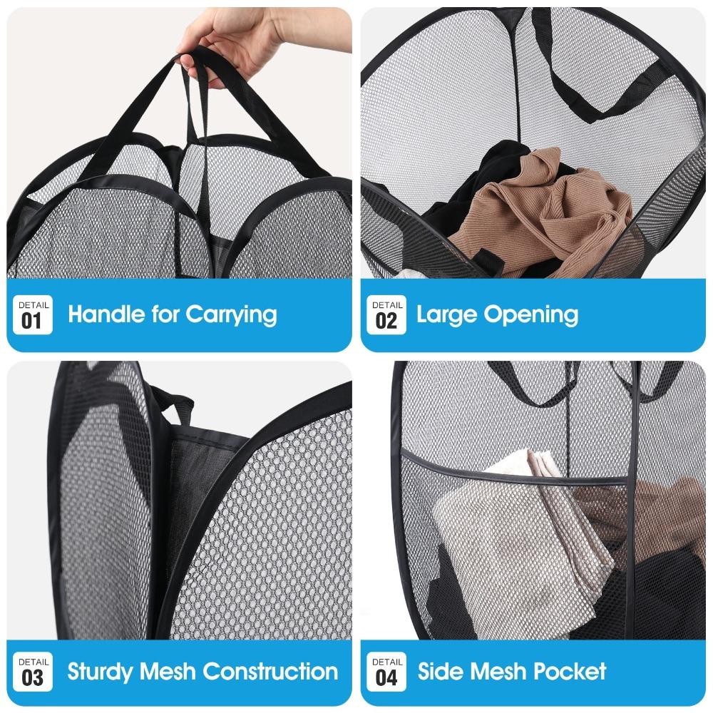2-piece pop-up mesh laundry basket, foldable laundry basket, 74 liters, with side pockets