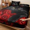 Breathable Black Cat and Red Roses Bedding Set Polyester Animal Print Sheet Pillowcase Sets with Fitted Sheet and Pillowcases