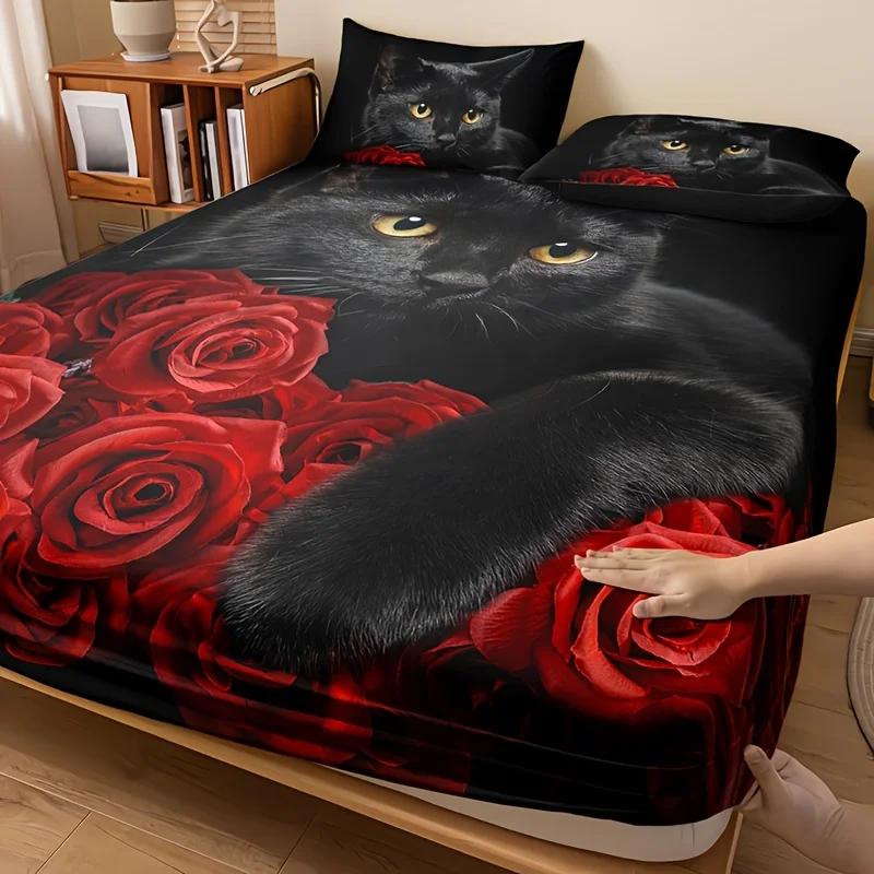 Breathable Black Cat and Red Roses Bedding Set Polyester Animal Print Sheet Pillowcase Sets with Fitted Sheet and Pillowcases