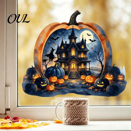 Creative Halloween Window Scenes Pumpkin Haunted House Static Stickers, Waterproof PVC Castle Removable Glass Wall Clings Decals, for Home Holiday