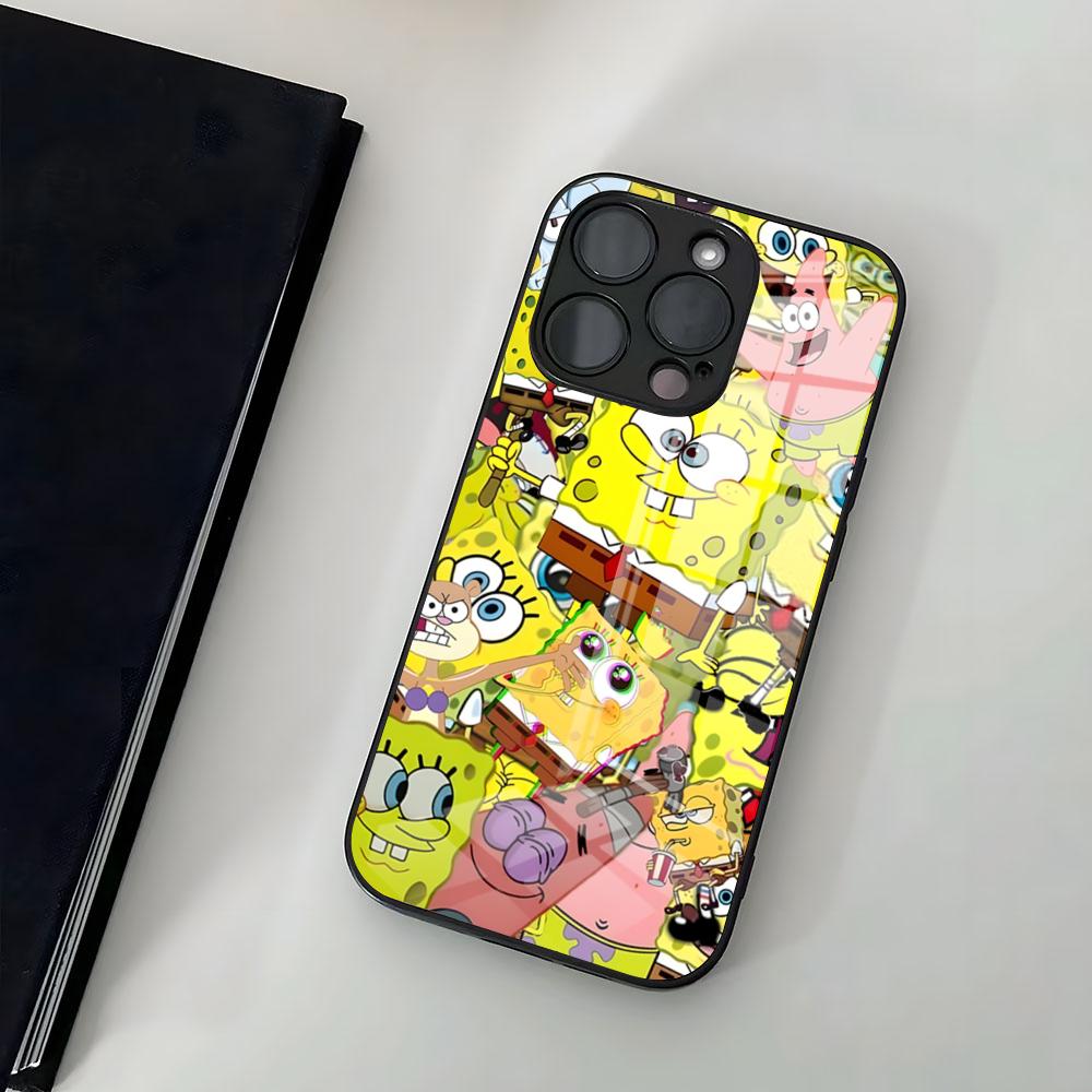 Мультяшный чехол для телефона Губка Боб Для IPhone 17 Air 16 15 14 Pro 13 11 12 XR XS ProMAX 7 8 Plus Стеклянная крышка