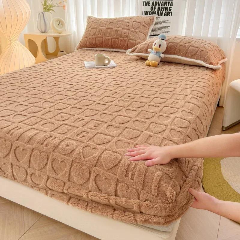 Milk Velvet Fitted Sheet Soft Comfortable Fleece Bed Cover Autumn Winter Mattress Protector Cover Bedsheet Solid Color
