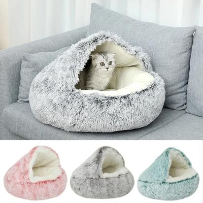 Кровать для кошек Snooze, круглая плюшевая, пушистая, с капюшоном, уютная, кошачья кровать, пещера для внутреннего пончика, самосогревающаяся кровать для маленькой собаки, анти-тревога, питомник для щенков