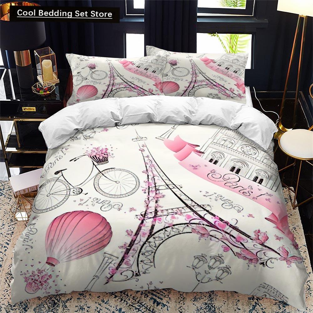 Пододеяльник с изображением парижской башни King Queen Знаменитые здания во Франции Комплект постельного белья для взрослых Розовый Романтический 2/3 шт. Полиэстеровый пододеяльник