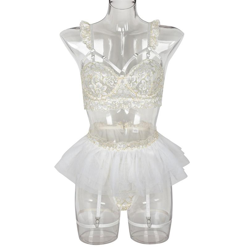 Aduloty Женское сексуальное кружевное нижнее белье, трехслойная складная пышная юбка, 3D сетчатый комплект из трех предметов, нижнее белье, бюстгальтер, эротическое белье