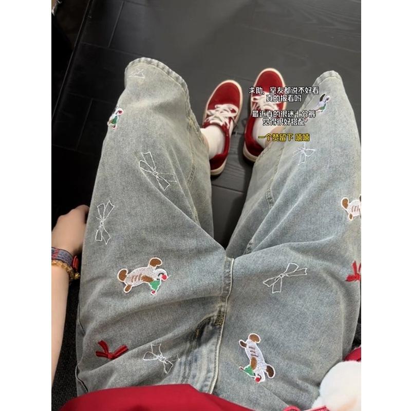 American puppy embroidered denim shorts boys summer texture loose pants niche design casual cropped pants