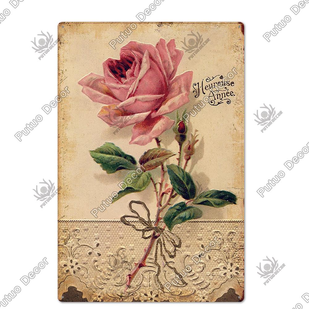 Putuo Decor Цветок Винтажный Постер Табличка Металлическая Жестяная Вывеска Настенная Декоративная для Амбара Комнаты Кухни Гаража Железная Живопись