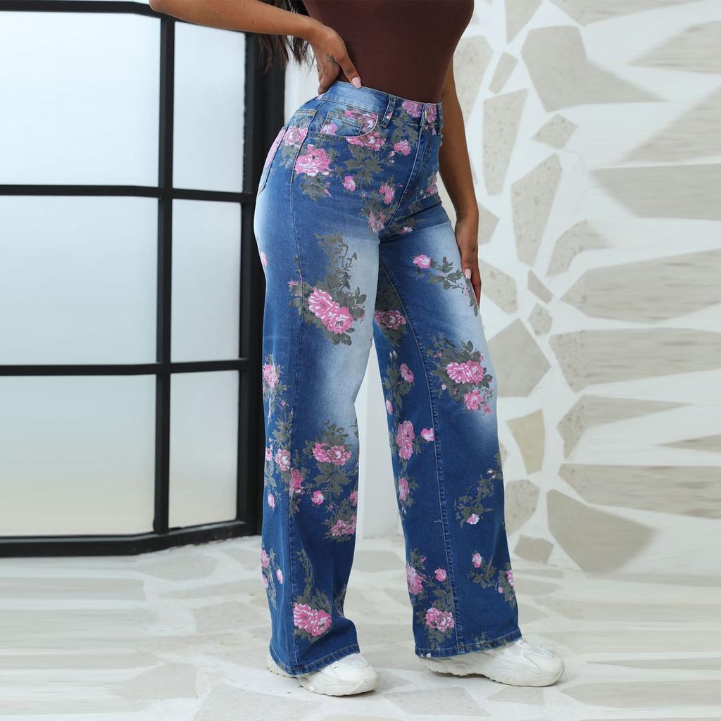Синие цветочные карманы больших размеров, широкие брюки для женщин, джинсы