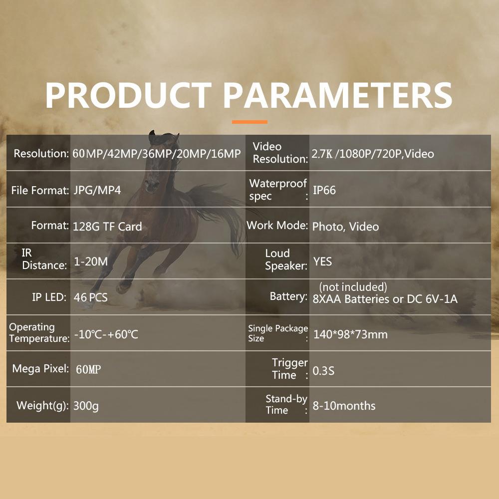 2.7K 60MP WiFi Trail Camera Водонепроницаемая охотничья камера ночного видения с 2-дюймовым экраном для улицы