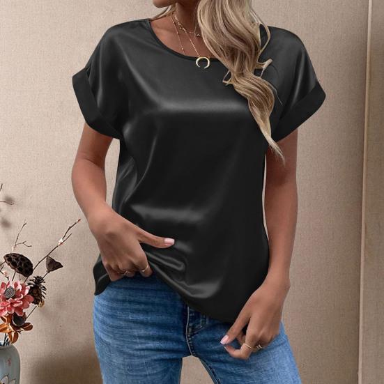 O-Neck Short Sleeve Loose Fit Women T-shirt Solid Color Smooth Satin Tops Streetwear