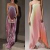 Женское strapless плиссированное макси-платье однотонное фиолетовое с градиентом желтый-розовый-оранжевый
