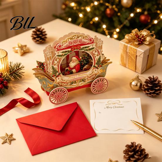 Memorable Holiday Cards 3D Christmas Carriage Pop Up Card, Vintage Santa on Gift Sleigh Tabletop Decoration, Greeting Card with Envelope Surprise for