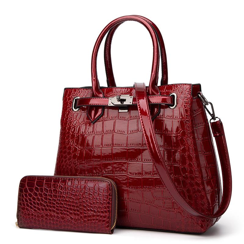 Crocodile Pattern Lacquer Leather Women's Bag Two Piece Handheld One Shoulder Diagonal Straddle Bag