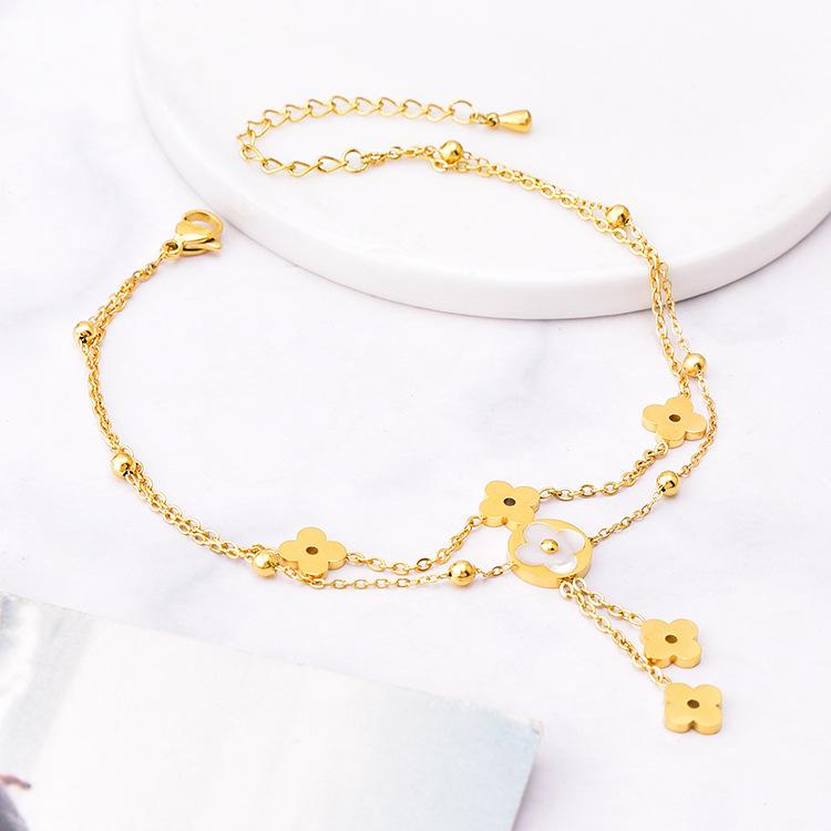 Аксессуар в виде четырехлистного клевера, двухслойная цветочная ракушка, кольцо на ногу с кисточкой, цепочка на ногу из титановой стали