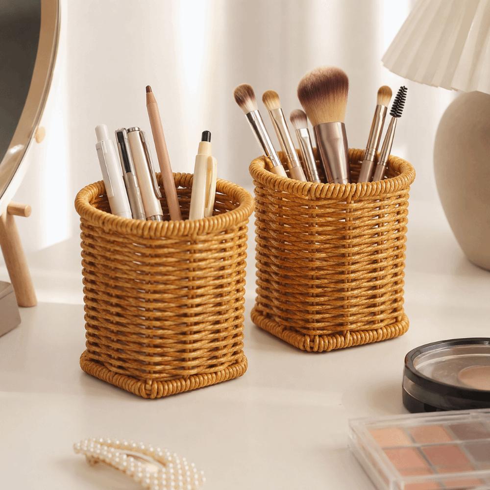Rustic Style Imitation Rattan Storage Bucket Simple Plastic Pen Holder Household