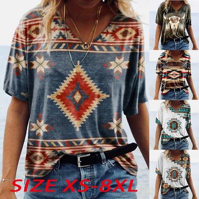 Женские топы с v-образным вырезом и коротким рукавом с винтажным рисунком, свободная футболка, повседневная блузка