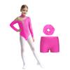 Girls Gymnastics Dance Outfit Set Long Sleeve Keyhole Back Sheer Mesh Patchwork Sparkly Leotard Shorts Hair Band