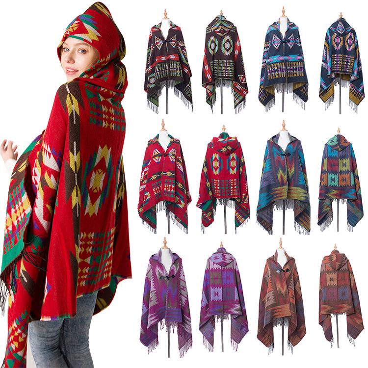 Women's Fashion Autumn and Winter Warm Toggle Closure Pashmina Ethnic Style Hooded Cape Bohemian Style Shawl