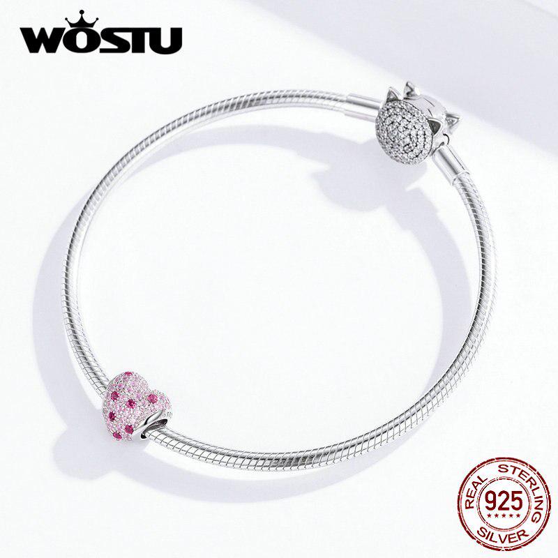 WOSTU Бусины в форме любви из стерлингового серебра 925 пробы с розовым прозрачным цирконом, подходящие к оригинальному браслету-подвеске