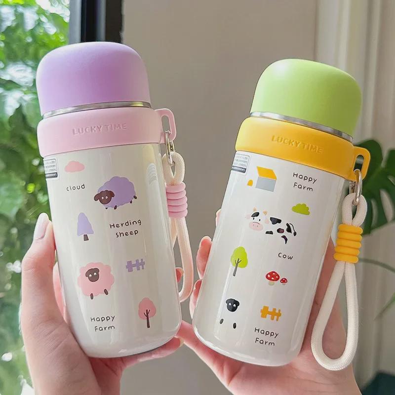 Dual-Use Cartoon Thermos Cup with Cute Rope - Stainless Steel Portable Water Bottle for Girls
