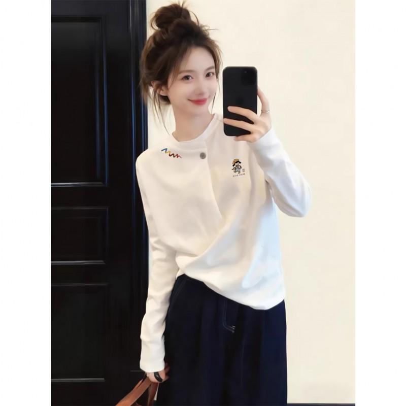 Slim Fit Long Sleeve White T-Shirt Women Korean Style Casual Top Round Neck Cotton Blend Base Layer