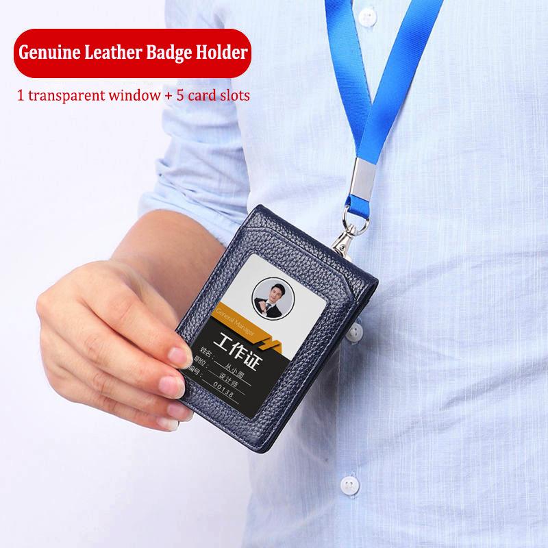 Luxury Business Work ID Badge Holder with Lanyard Multiple Card Slots Staff Office Supplies Genuine Leather Men and Women Name Tag Bus Card Holders