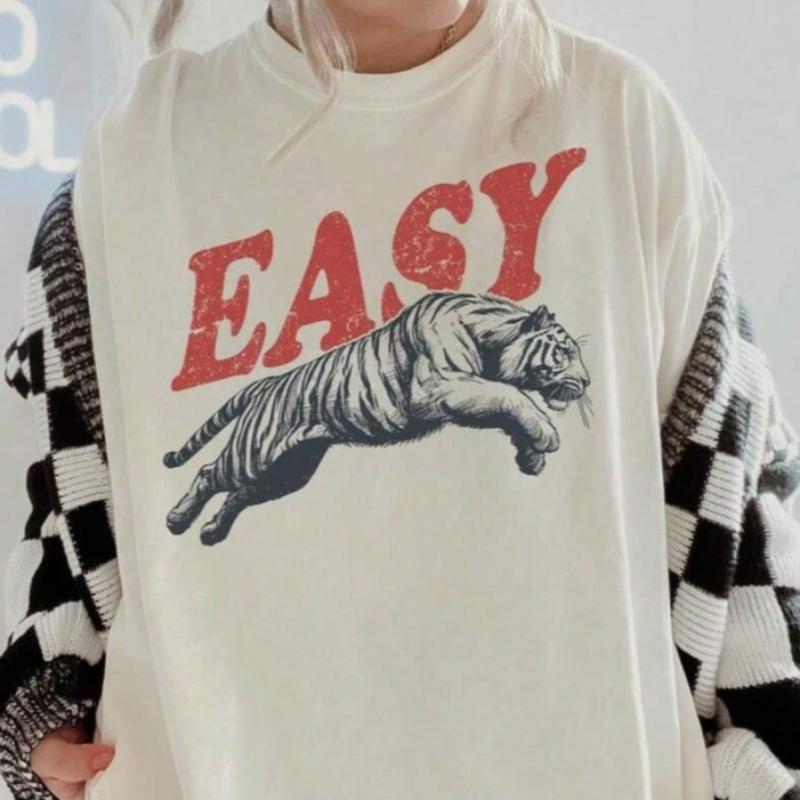 Retro Boho Easy Tiger Graphic Tee Unisex Aesthetic Shirt Y2k Women Top Crew Neck Short Sleeve T