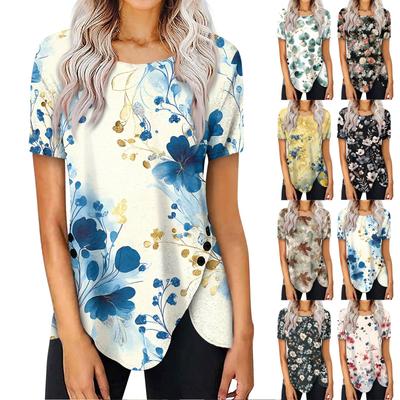 Женский летний топ с коротким рукавом и круглым вырезом, с принтом на пуговицах сбоку