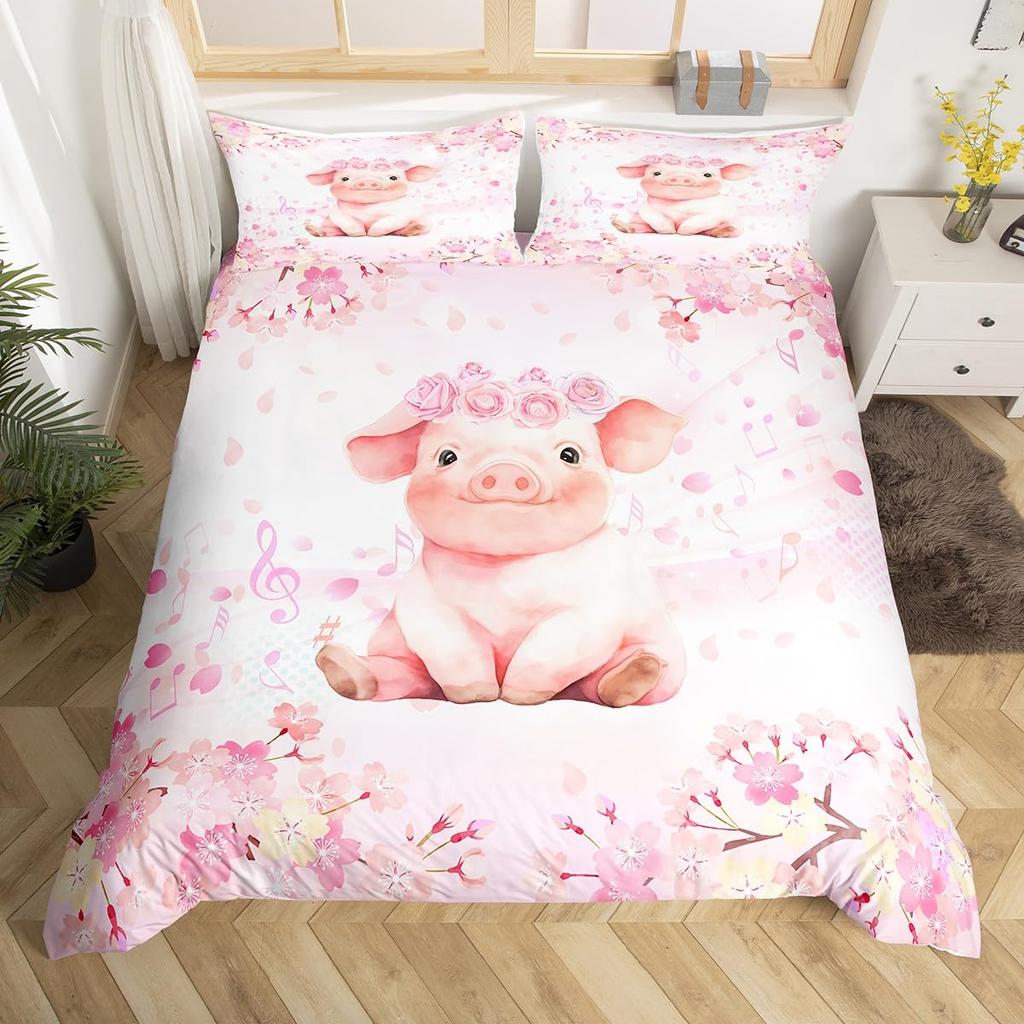 Pink Pig Bedding Set King Queen Sleeping Pig Duvet Cover For Kids Boys Girls Kawaii Animals Comforter Cover With 2 Pillowcases