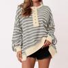 Women's Fashion Striped Round Neck Long Sleeve Button Top Color Blocked  Pullover Sweatshirt Top