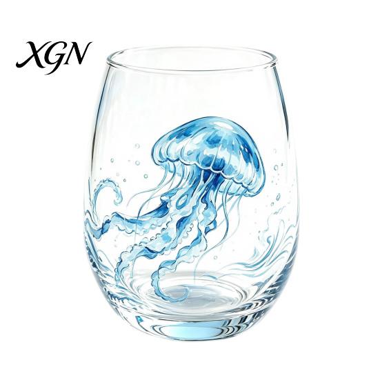 Personalized Daily Use Glassware Stemless Wine Glasses with Marine Animal Pattern, 420ml Capacity, High Borosilicate Halloween Themed Drinking