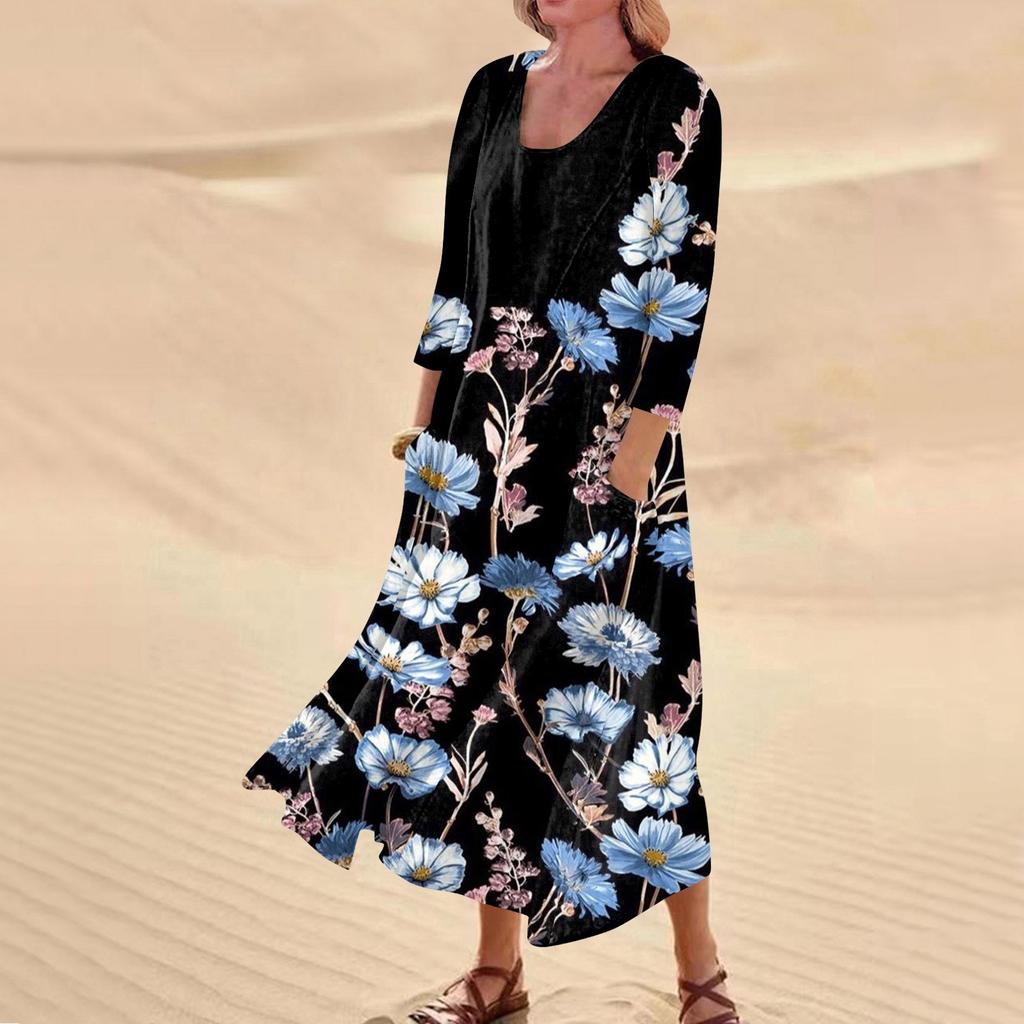 Женское повседневное удобное хлопковое карманное платье с цветочным принтом и рукавами три четверти