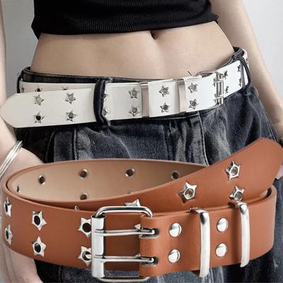 Y2K Ретро Полый Звездный Заклепка ПУ Кожаный Джинсовый Пояс для Женщин Модный Панк Черный Белый Двухрядные Пояса Поясная Лента Повседневное Украшение