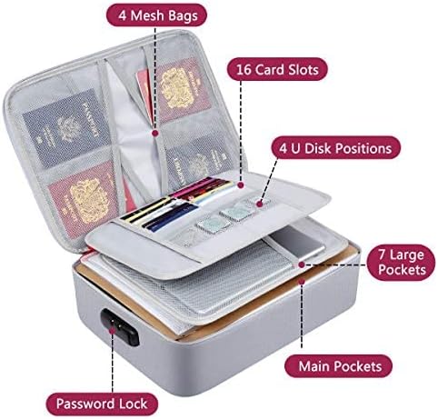 Document Bag with Lock Fireproof 3 Layer File Storage Case with Water Resistant Zipper Document Safe Portable Travel Home Organizer Bag