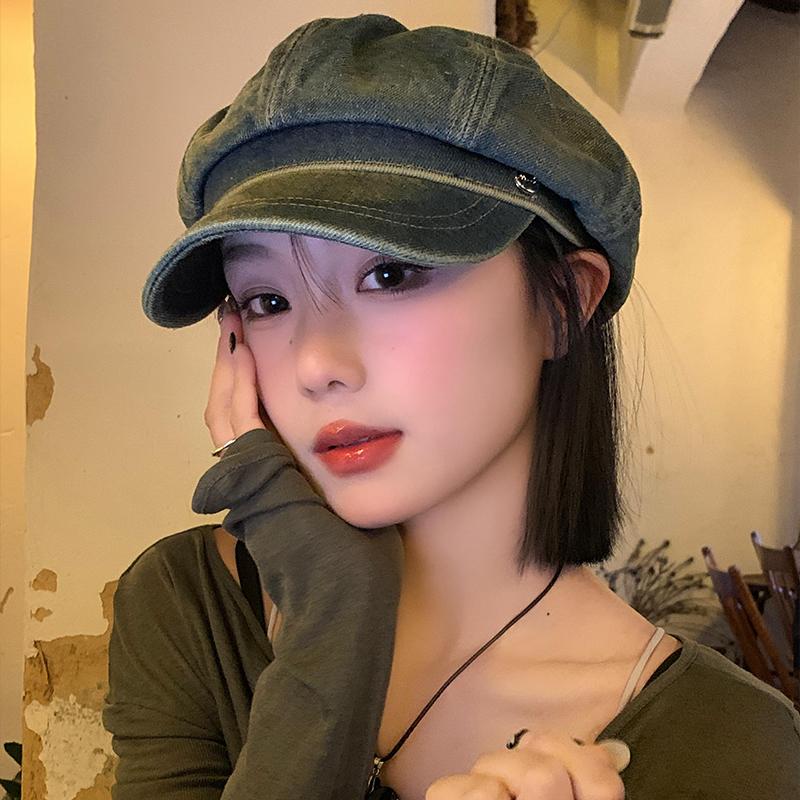 Отдел старых потертых джинсовых беретов, женская весенне-осенняя универсальная шляпа с большой окружностью головы, показывающая лицо, маленькая шляпа