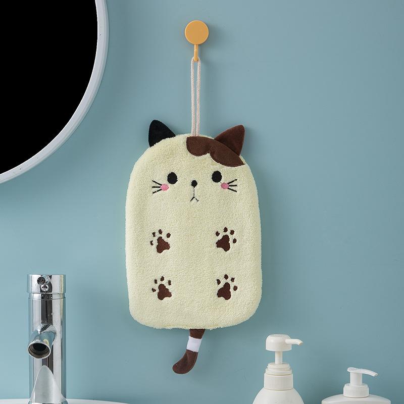 Strong Absorbent Hanging Cat Embroidery Towel Home Decor Dual-use Coral Velvet Hand Towel Bathroom Supplies Towel