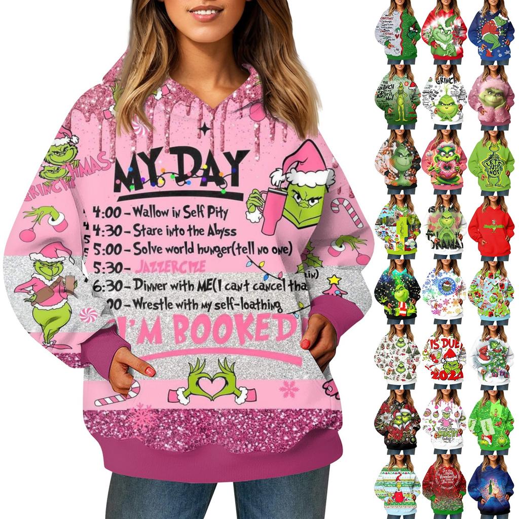 Ladies' Fashionable Long Sleeved Pullover With Christmas Print Hooded Pocket Sweatshirt