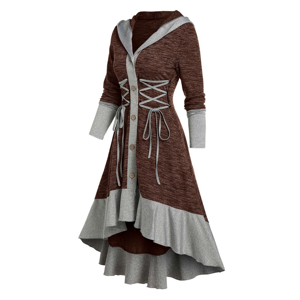 Women Contrast Ribbed Ruffles Flare Sleeve Button Coat High Low Cardigan