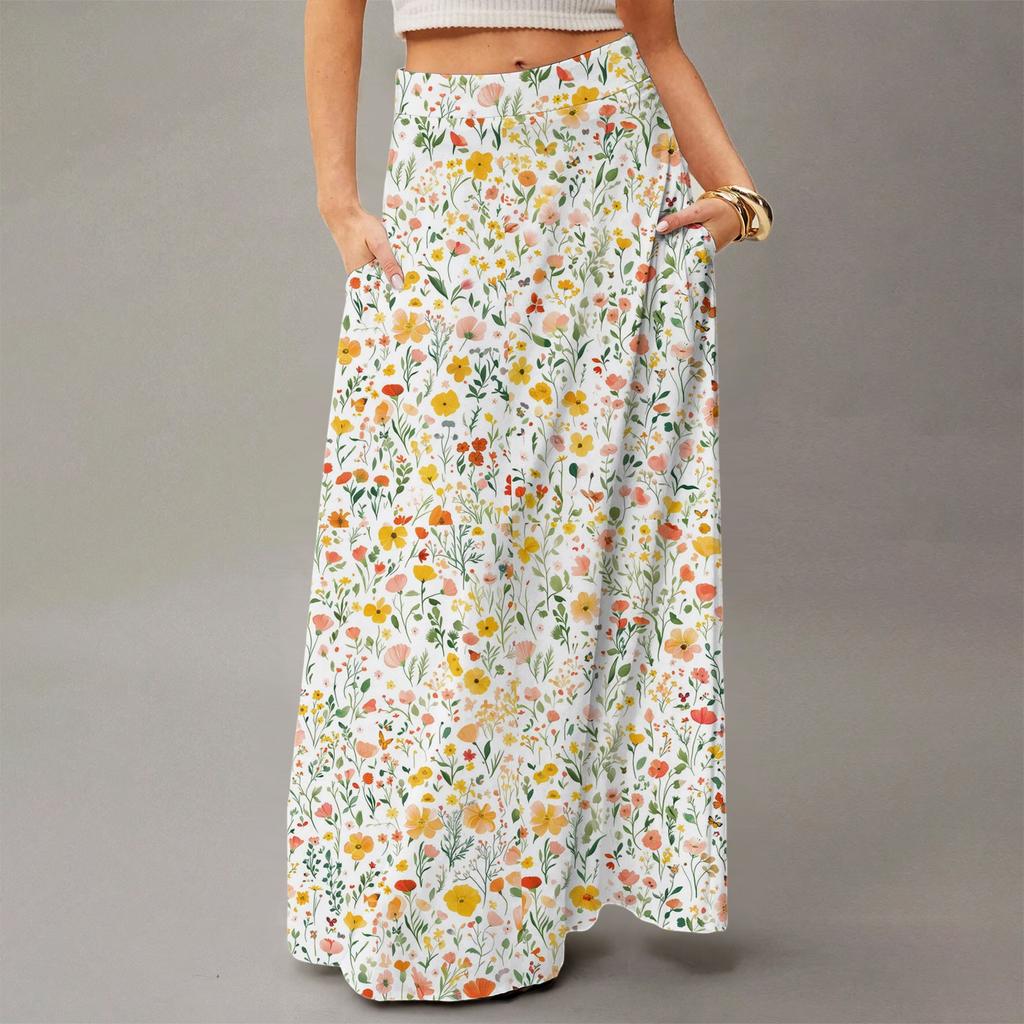Женская повседневная складная юбка макси с цветочным принтом, высокой талией и карманом, с драпировкой