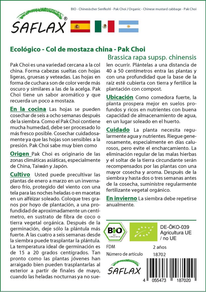 SAFLAX Garden in the Bag - Органическая - Китайская горчичная капуста - Пак Чой - 300 семян - С субстратом в подходящем стоячем пакете - Brassica rapa