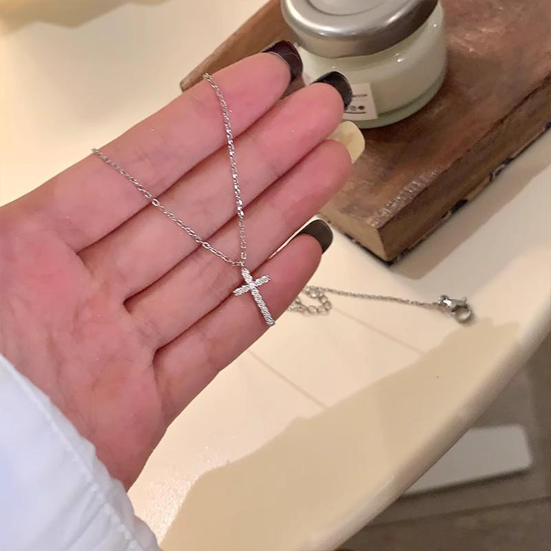 Women's Titanium Steel Sparkling Diamond Cross Necklace with Layered Clavicle Chain and Nose Stud