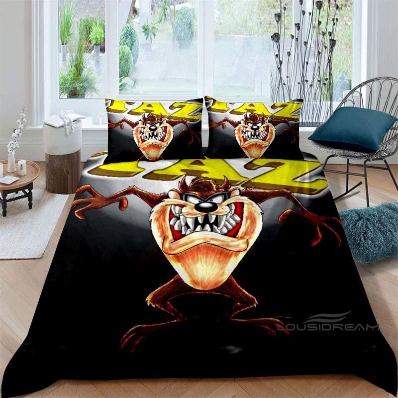 Cartoon T-Tasmanian Devil bedding set, printed single duvet cover and pillowcase three-piece set, children's and adult sizes.002