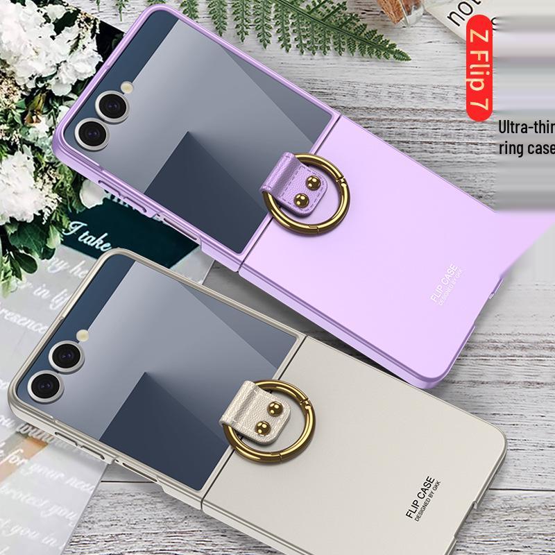 Ультратонкий чехол Samsung Z Flip7 с кольцом-держателем, большим окном, покрытием-спреем, ощущением кожи, защитой складного экрана