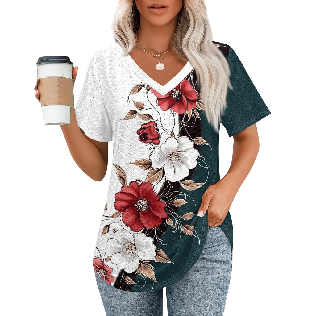 Womens T Shirts V Neck Short Sleeve Casual Tops Loose Fit Basic Tees With Curved Hem