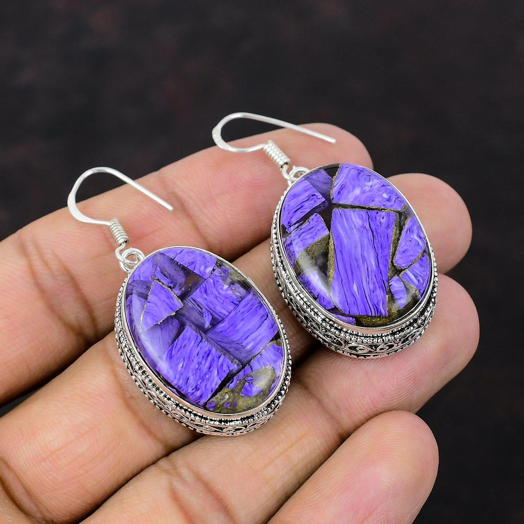 Медные серьги с чароитом, ювелирные изделия из стерлингового серебра 925 пробы, серьги ручной работы, приличные винтажные ювелирные изделия, подарок для жены, антикварные серьги