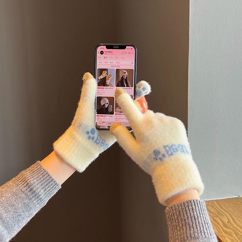 Милые плюшевые перчатки женские зимние толстые теплые сенсорные вязаные шерстяные велосипедные непродуваемые перчатки для пальцев студенческие зимние