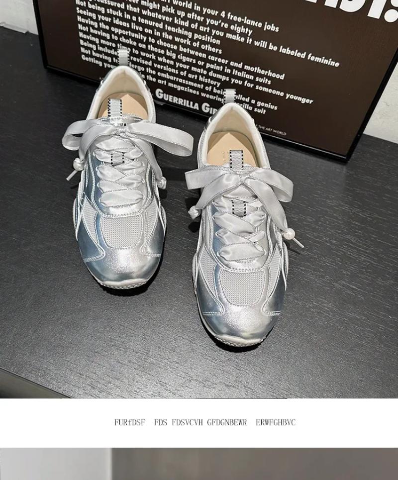 Women's German Training Shoes Summer Pearl Mesh Breathable Forrest Gump Shoes Soft Sole Silver and White