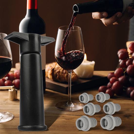 Wine Saver Vacuum Pump with 6 Stoppers Easy Manual Operation Leak-Proof Silicone Seal Preserve Flavor Red Wine Preservation Kit for Most Bottles