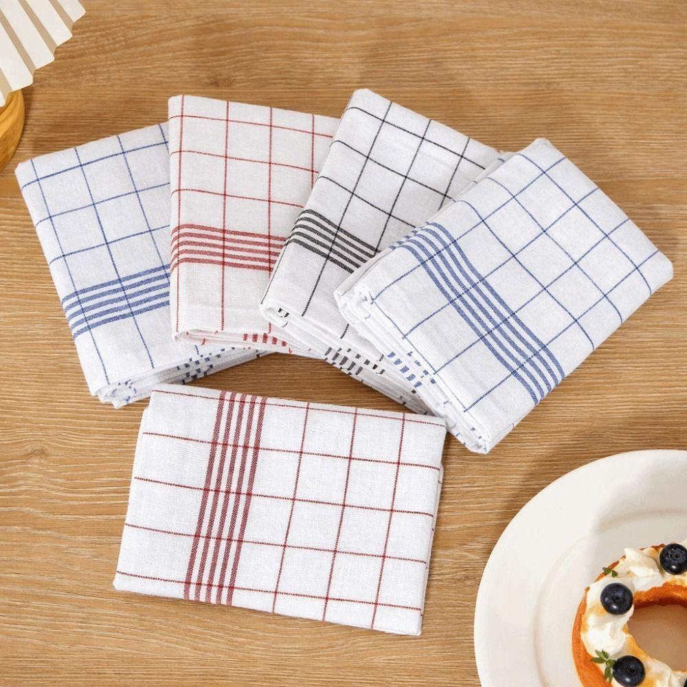 5PCS Quick Drying Kitchen Tea Towels Reusable Stripes Rags Checkered Kitchen Towels Washing Dishes