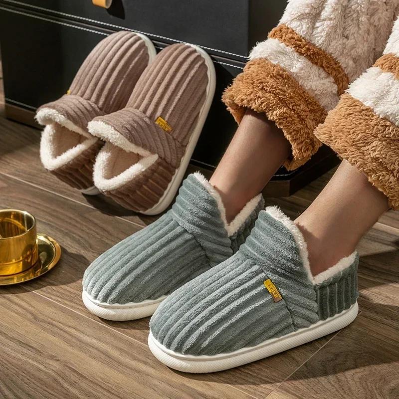 Fashion Winter Couple Style Concise Solid Color Wrap Heels Plush Slippers Non-slip Warm Flip Flops Women Men Home Casual Cotton Shoes